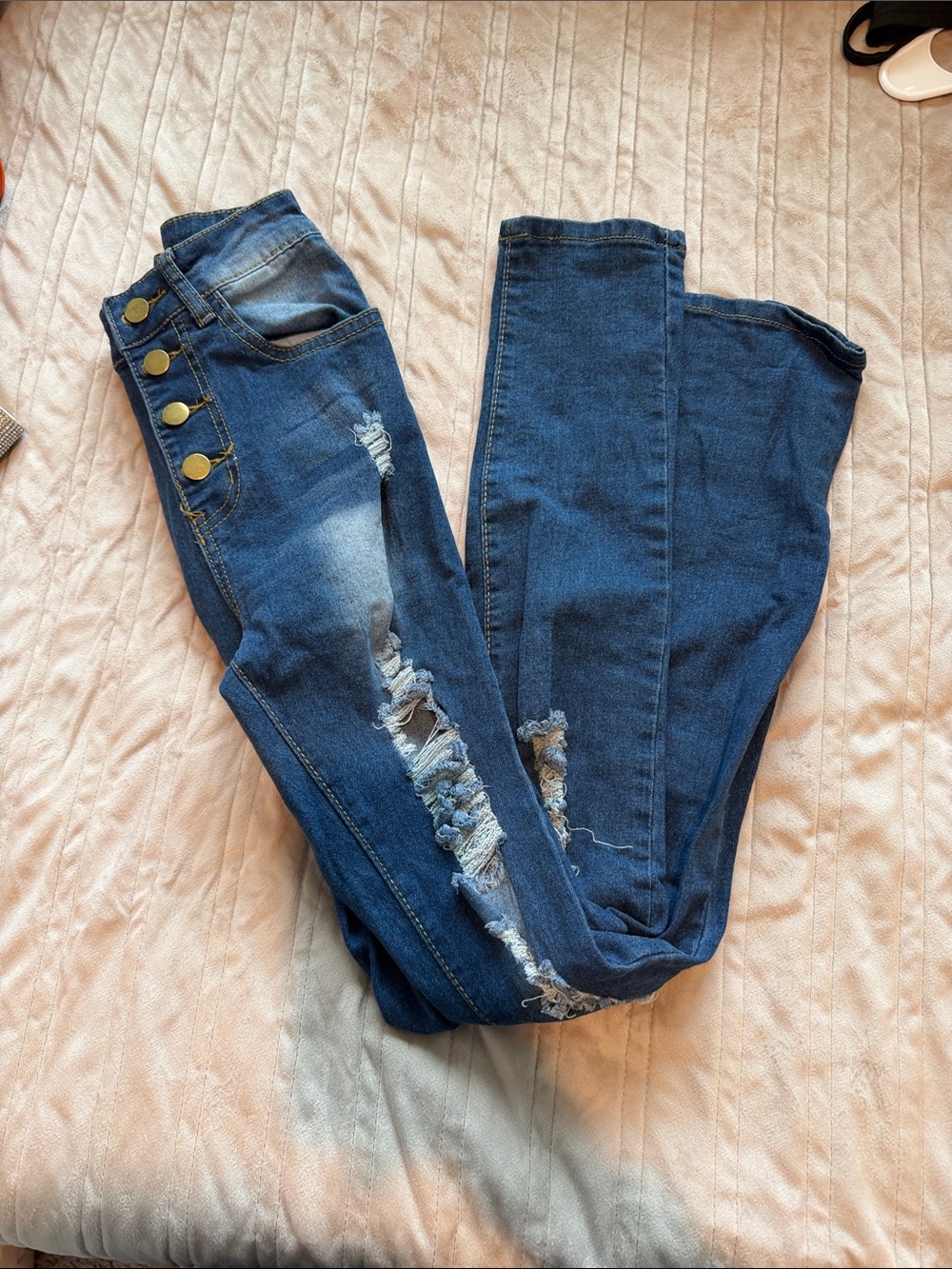 Dark Blue Distressed Women's Jeans with Button Fly